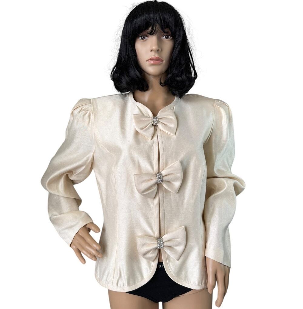 1990s Leslie Fay Evenings Champagne Rhinestone Bow Blazer Jacket NWT Large